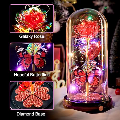 Mothers Day Rose Gifts for Mom Birthday Gift, Rechargeable Galaxy Glass Rose in Glass Dome Eternal Crystal Flower Butterfly Gift Mother's Day Flowers Gifts for Women Mom Wife Grandma Daughter Red - color: USB-E Red