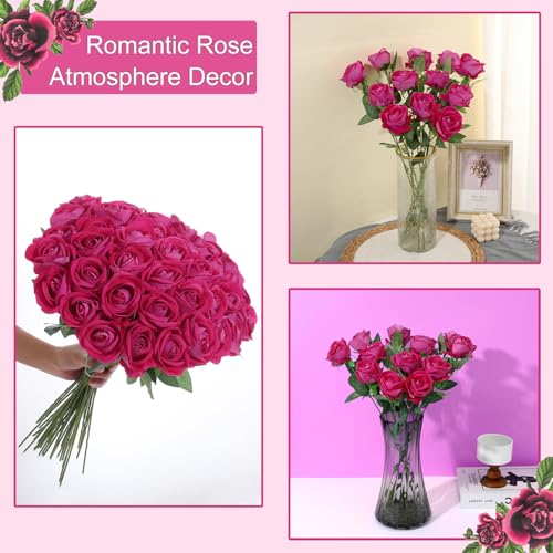 50Pcs Pink Roses Artificial Flowers Fake Rose Faux Velvet Silk Flowers for Home Wedding Decoration (Pearl Roses - Hot Pink) - color: Pearl Roses - Pink Hot 50p