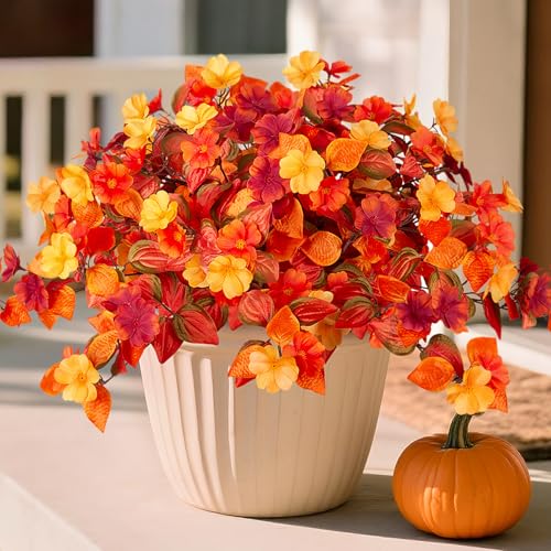 INXUGAO Fake Fall Flowers Artificial for Decoration 2PCS Faux Silk Fall Flowers Plants for Outdoors Outside Planters UV Resistant Looks Real for Front Door Porch Patio Garden Decor - color: Y1-orange Red Yellow