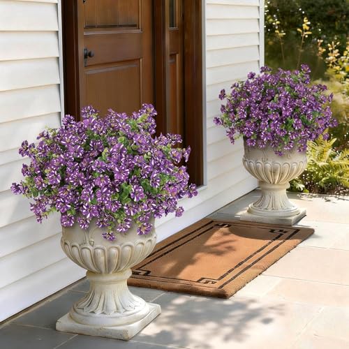 GLIDLION 12 Bundles Artificial Morning Glory & Eucalyptus for Outdoor, Realistic Fake Silk Flower UV Resistant Faux Plant for Front Door Patio Garden Farmhouse Decor (Purple) - color: Purple