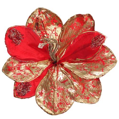 Briful 3PCS Magnolia Artificial Christmas Flower 21.2" Red Gold Fake Magnolia Flower Stems with Specially Designed Mottled Petals Christmas Tree Flowers for Holiday Wreath Garland Xmas Decor - color: Red Gold