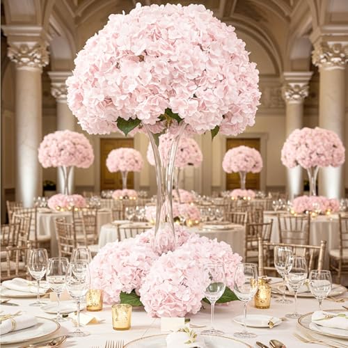 Auihiay 10PCS Hydrangea Artificial Flowers, Faux Hydrangeas Flower for Wedding Centerpieces, DIY Bouquets, Bridal Shower, Floral Decor Home Decoration with Stems (VASE NOT Included)-Light Pink - color: Light Pink