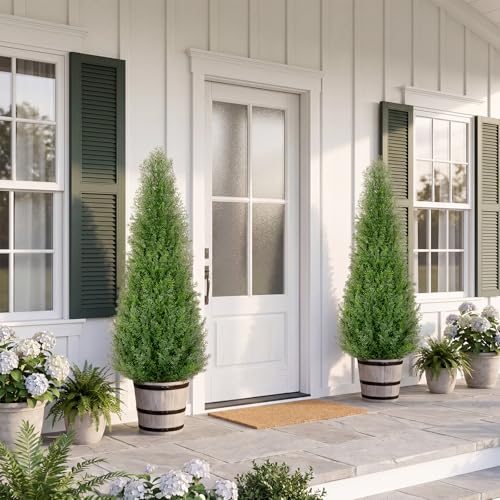 Artificial Cedar Trees 4FT Faux Cedar Topiary Evergreen Plants Outdoor Indoor Fake Cypress Pine Trees with Barrel Planter for Front Porch Entryway Patio Garden Home Decor Set of 2 - size: 4ft