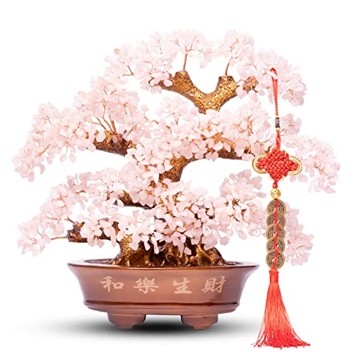 Natural Rose Quartz Tree Large,14" Chakra Crystal Tree(1,251 Gemstone Count) w/Lucky Coins Chain Healing Properties - Bonsai Feng Shui Money Tree for Love Self Care Home Office Decoration - color: Rose Quartz