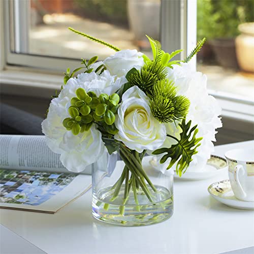 ENOVA FLORAL Artificial Rose Flowers in Vase, Mixed Fake White Rose and Silk Peonies in Vase with Faux Water for Dining Table Centerpieces, Home Decor Indoor