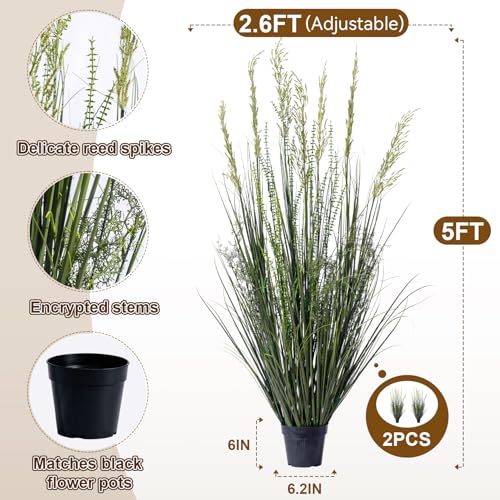 2 Pack Artificial Cattail Reed Grass Indoor Outdoor Realistic Floor Plants Fake Grass for Home Office Wedding Patio Front Decor Faux Plastic plantas Synthetic Pampas Grass Housewarming Gift - color: Green, size: 5FT