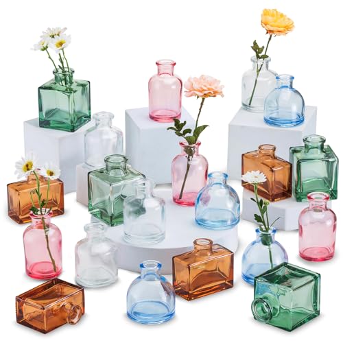 Small Glass Bud Vases for Centerpieces - Hewory 20pcs Colored Sturdy Cute Flower Vases Bulk, Mini Bottle Vase for Wedding Home Decor Birthday Party Events Mother's Day Bridal Shower Gifts Table Decor - color: Colored, size: Mini-20pcs