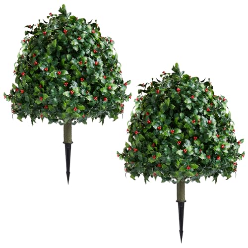 Set of 2 Artificial Holly & Red Berry Topiary Balls, 25" UV-Resistant Faux Evergreen Shrubs with Ground Spikes — Festive Outdoor and Indoor Holiday Décor Plants for Porch, Patio, and Garden - color: 2pcs 25in Christmas Holly With Red Berry