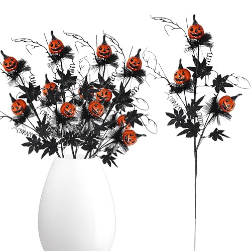 5PCS Artificial Halloween Flowers with Pumpkin Maple Leaf Branches Halloween Decorations Indoor for Office Home Mantel Vase Filler (5)