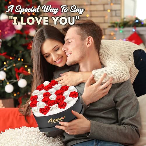ADDWel Romantic Preserved Roses Bouquet for Her Anniversary, Birthday Flower Gifts for Women, 27-Pieces Eternal Roses with Natural Fragrance in Heart-Shape Box for Wife Girlfriend Mom - color: Red & White - 27 Roses