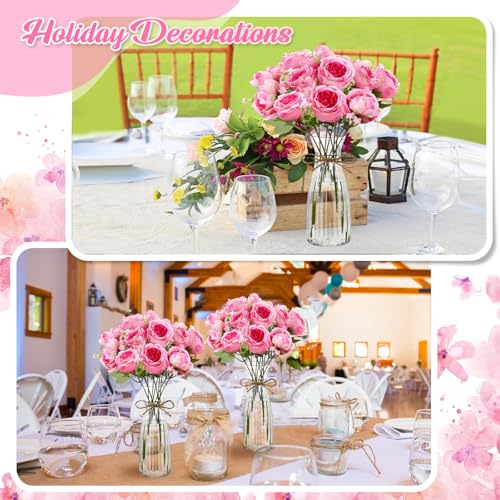 Thiccywoov 19 Pack Artificial Peony Flowers with Vase Bulk, 12 Bundles Faux Peony Bouquet 6 Vase with 1 Rope Silk Flower Arrangement Wedding Table Centerpiece for Wedding Bridal Shower(Cherry Pink) - color: Cherry Pink