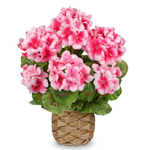 Briful Artificial Geraniums Flowers Potted Plant - 13.7'' Tall Faux Pink Silk Realistic Lush Geraniums Flowers in Basket, Indoor&Outdoor Decorative Plant, Farmhouse Home Porch Office Patio Table - color: Pink, Basket