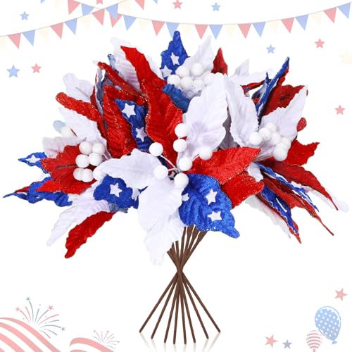 Giegxin 8 Pcs 8'' July 4th Red White Blue Flowers Patriotic Artificial Poinsettia Stems 250th Velvet Red White Blue Ornaments Fold Floral for Holiday Patriotic Party 4th of July Decorations - color: Red White Blue