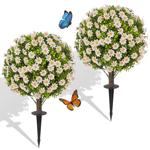 24" Artificial White Daisy Topiary Ball Trees with Dense Blooms, Set of 2 Fake Bushes with Ground Spike, UV Resistant Faux Evergreen Plants for Outdoor Indoor Spring Garden Front Porch Decor - color: White Daisy