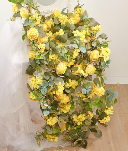 PONKING Flower Garland Artificial Rose & Hydrangea Vine Hanging Fake Flowers Vines for Wedding Birthday Party Valentines Christmas Room Wall Arch Decor, 1 Rose & 1 Hydrangea Yellow Floral Garland - color: Large Rose & Hydrangea Yellow Vines 5.4ft