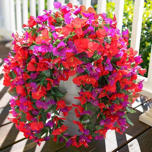 Faux Bougainvillea Artificial Flowers Plants for Outdoors Outside Decoration, 2pcs Fake Flowers Silk Long Trailing Vines UV Resistant Realistic for Front Door Porch Planter Urn Patio Balcony Yard, Mix - color: Red Purple
