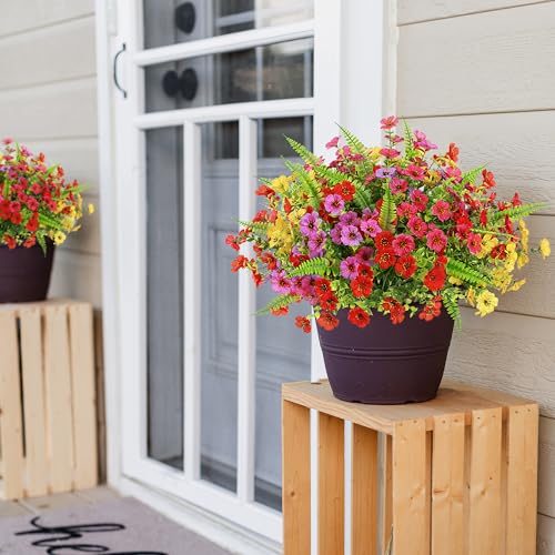 Artificial Flowers for Outdoors 12 Bundles Realistic Faux Plants UV Resistant Fake Silk Daisy with Eucalyptus for Boxwood Planter Patio Porch Outside Spring Summer Decoration(Mixed with Fern) - color: Mixed With Ferns