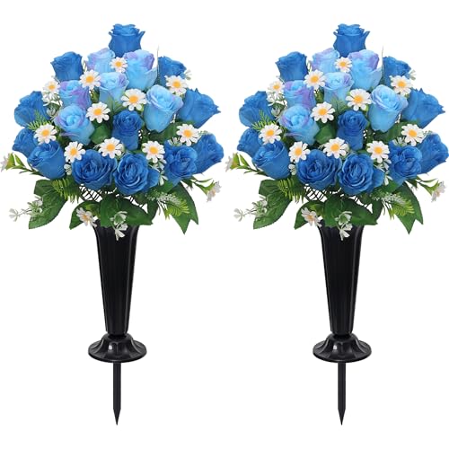Wocst Artificial Cemetery Flowers for Grave Memorial Day Flowers for Cemetery,2Pack Artificial Silk Roses Daisy Bouquets with Cemetery Vases for Outdoor Grave Decorations ﻿ (Blue) - color: Blue