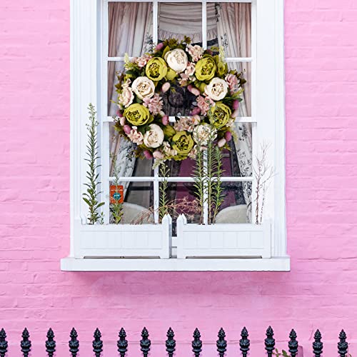BOMAROLAN Artificial Peony Flower Wreath 19Inch Vintage Blooming Silk Peonies Spring Summer Fall Winter Large Wreaths Flower Green Leaves for Outdoor Front Door Indoor Wedding Wall Or Window Décor - color: White & Green