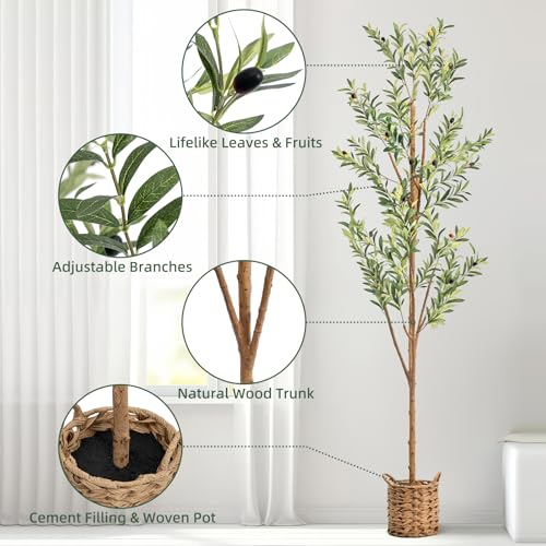 6ft Artificial Olive Tree with LED Fairy Lights, Tall Faux Potted Plant with Woven Basket - Natural Wooden Trunk & Lifelike Leaves & Fruits for Indoor Home Office Foyer Decor Housewarming Gift - size: 5ft 11in