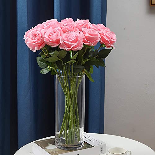 Laelfe 12 PCS Artificial Flowers Pink Roses Fake Silk Flowers Long Stem Artificial Roses for Home Wedding Decorations (Pink) - color: Pink