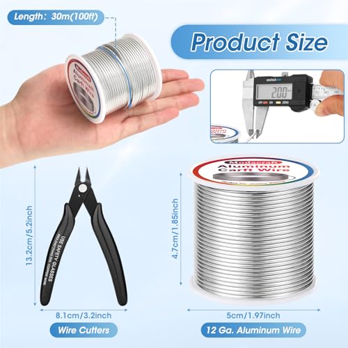 Modacraft 12 Gauge Aluminum Wire - 100 Ft 2mm Bendable Metal Craft Wire with Micro Flush Cutter for Sculpting, Jewelry Making, Floral Design, Doll Making, Bonsai Training, and DIY Crafts - size: 12 Gauge