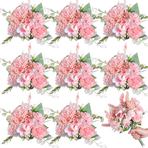 Zeyune 8 Pcs 13.4 Inch Artificial Flowers Bouquet Fake Silk Flowers Faux Bouquet Hydrangea Bouquets for Wedding Birthday Table Centerpieces Home Office Decoration (Peony,Pink) - color: Pink, size: Peony