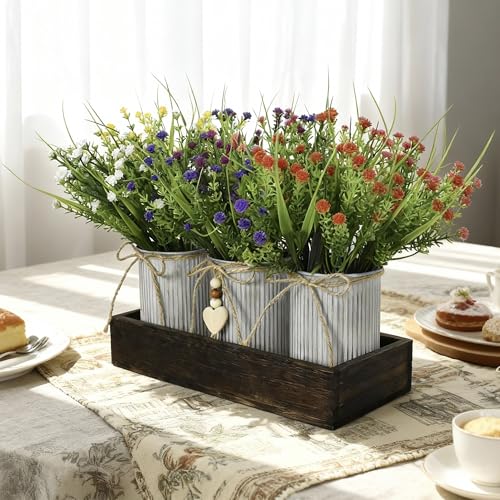 Artificial Baby’s Breath (Gypsophila) Centerpiece — 3-Metal-Pot Rustic Table Decor on Wooden Tray, Faux Gypsophila Bouquet for Home, Wedding, Party, Living Room & Dining Table Decor - color: Baby Breath Flowers