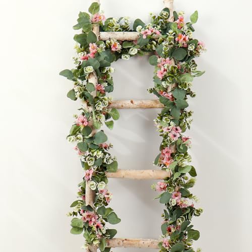 2Pack Eucalyptus Flower Garland with Violet 5.9Ft Artificial Ivy Greenery Hanging Vine Fake Ivy Floral Plants Garland for Wedding Outdoor Garden Party Background Table Runner, Total 11.8Ft, Pink - color: Pink Violet