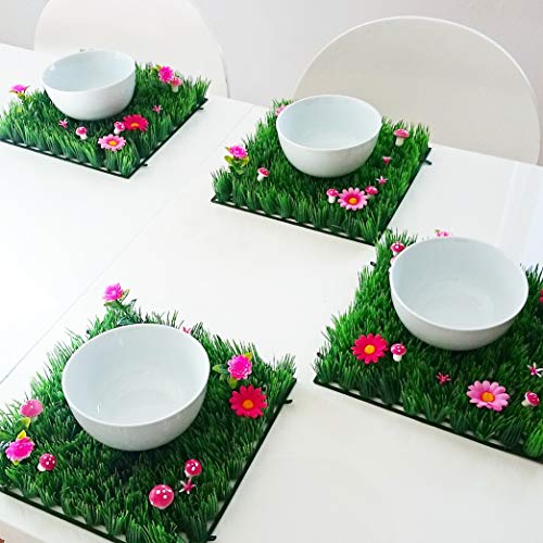 Artificial Grass Place Mat Set of 4 | Flower Table Mats for Tea Party, Garden Party, Kids Birthday, Fairy & Unicorn Decorations | 10x10 Inch Green Placemats