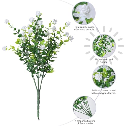 HyeFlora 20 Bundles Artificial Fake Outdoor Plants Flowers for Spring Decoration, UV Resistant Realistic White Plastic Flowers Faux Plant Monkey Grass for Planter Home Garden Porch Patio Window Box - color: 12pcs White Monkey Grass+8pcs White Flowers