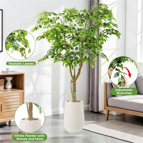 6.5FT Artificial Ficus Tree with White Planter and Pebbles,Faux Silk Tree with Lifelike Leaves and Realistic Trunk,Tall Fake Potted Plant for Home and Office Décor Indoor and Outdoor (6.5FT) - size: 6ft 6in