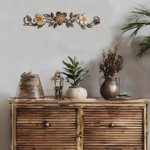 Wesiti Metal Flower Wall Decor Vintage Metal Flower Wrought Iron Scroll Sculpture 15.7''x3.7'' Not 3D, Flat Farmhouse Leaf Wall Decor with Nails for Summer Bedroom Kitchen Indoor Outdoor(Brown) - color: Brown