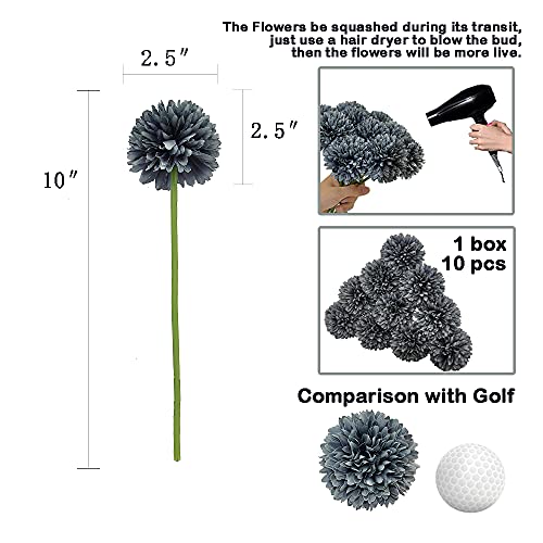 10Pcs Artificial Fake Flower Plants Silk Chrysanthemum Ball Hydrangea Arrangements Wedding Bouquets Decor Home Kitchen Garden Party Table Floral Centerpieces DIY (Gray) - color: Grey