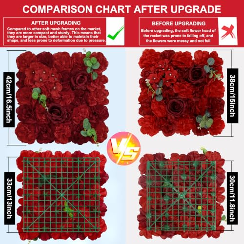 Red Flower Wall Backdrop 12 Piece of 16.5x16.5 Inch Artificial Floral Wall Panel Silk Rose Wall Decor Ideal for Wedding Celebrations, Festive Party Backdrops, and Home Decor - color: Red, size: 16.5inch