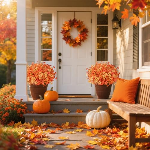 AmyHomie 16 Bundles Fall Orange Yellow Artificial Flowers for Outdoor Fall Decor UV Resistant Faux Flowers No Fade Fake Plastic Plants Garden Porch Window Box Decorating - color: Fall Yellow Orange, size: 16