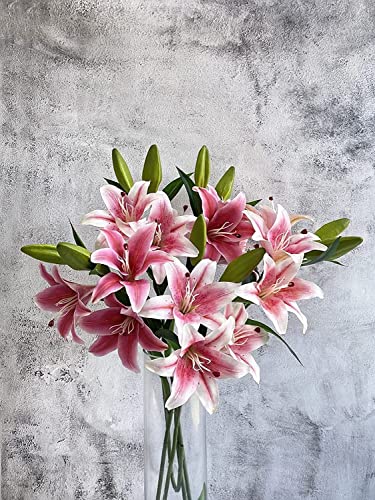 Yalzone 2 Pcs 28 inch Pink Artificial Lily Flowers Fake Real Touch Lily 3 Heads 2 Buds Pink Flowers Artificial Faux Lily for Home Office Decor Wedding Bouquet Decoration Table Centerpiece (W045)