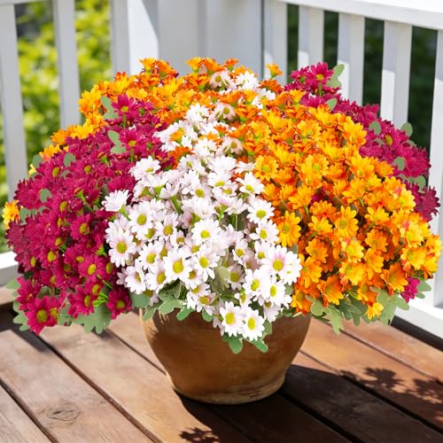 12 Bundles Artificial Daisies Flowers Outdoor Fake Plants White Gerber Daisy Fake Foliage Greenery Faux Plants for Graves Hanging Outside Planter Window Box Wedding Decoration - color: Rose Red