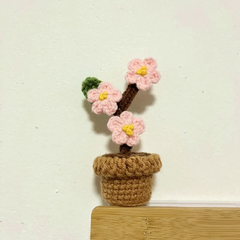 JOONOR 3PCS Mini Crochet Sunflower Potted Plant,Knitted Fake Plum Blossom for Bathroom Home Kitchen Rustic Table Centerpiece Shelf Decor - color: Color#1