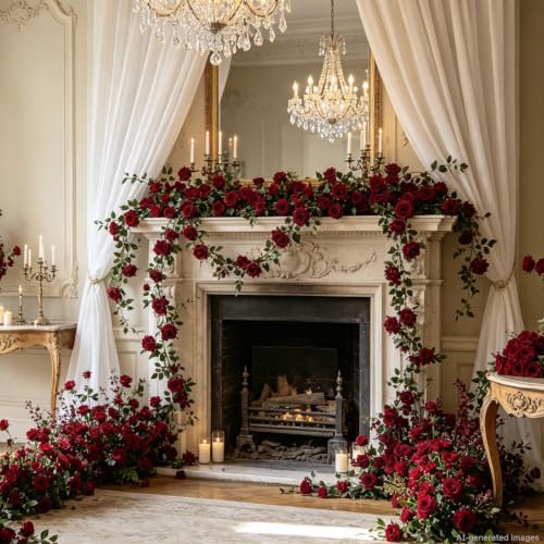Dallisten 2 Strands 73'' Artificial Silk Rose Flower Vines Garland, Fake Roses Floral Green Leaves Hanging Plant for Wedding Arrangement Decoration, Wall, Party, Bedroom, Home Decor (Burgundy) - color: Burgundy