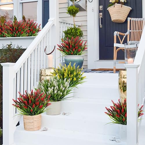 RECUTMS 12Pcs Fake Grass Plant,Fake Plants Outdoor, Artificial Grass, UV Resistant Faux Bushes Plastic Artificial Greenery Shrubs, Faux Greenery for House Garden Patio Front Porch Indoor Decor(Red) - color: Red