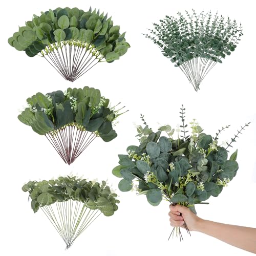 100Pcs Artificial Eucalyptus Stems Leaves Bulk - 4 Kinds Mixed Faux Greenery Silver Dollar Eucalyptus Leaves - Greenery Stems for Wedding Vase Bouquet Floral Arrangement Centerpiece Home Decor