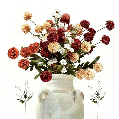 12pcs Fall Flowers, Burnt Orange Artificial Flowers Kiku 10 Stems with 2 Wax Flowers, Fake Silk Mums for Vase, Autumn Floral Centerpiece Decor,Mother's Day - color: Mixed Orange