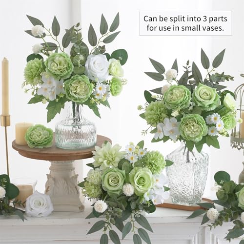 10 Pcs Mixed Artificial Flowers Set, Artificial Peony Bouquet Fake Rose Flower Silk Floral Arrangements for Table Centerpiece Home Wedding Party Bridal Vase Decoration(Green, 6 Bouquets & 4 Stems) - color: Green, size: Mixed 10pcs