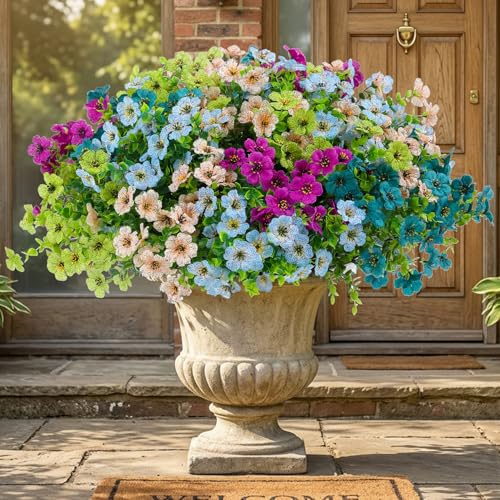 Artificial Flowers for Outdoor Decor, 16 Pack UV-Resistant Fake Colorful Silk Daisy Flowers, Perfect for Spring & Summer Decorating – Front Porch, Patio, Window Boxes, and Potted Plants - color: Mixed Color2(green,teal,purple,blue,champagne)
