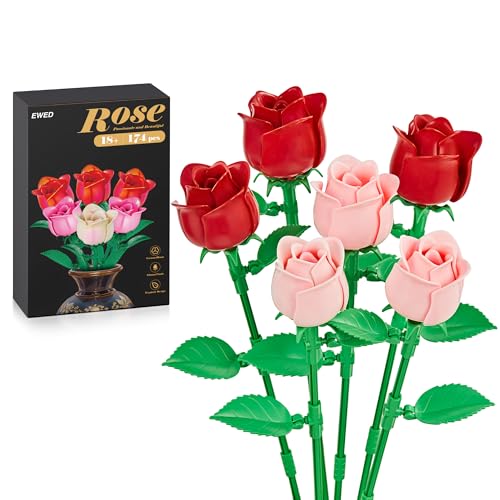 Rose Flower Bouquet Building Set: Artificial Flowers Botanical Collection Blocks Kit for Women Girls Wife Adults Home Decor Thanksgiving Christmas Mother's Day Valentine's Gifts 6-Pack - color: 3 Red & 3 Pink