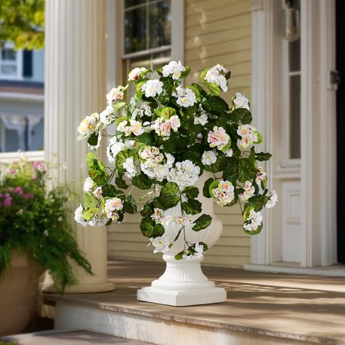 Artificial Geranium Flowers for Outdoor 2 Pcs Artificial White Flower Fake Flowers with Stems Silk Realistic Look Real Floral Arrangement for Front Door Porch Planter Patio Balcony (2 Pcs White) - color: 2 Pcs White