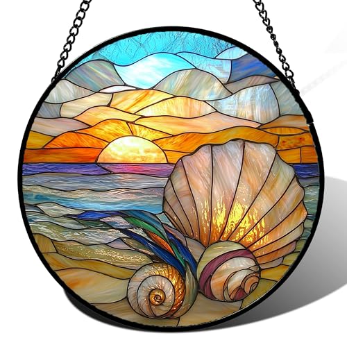 Stained Glass Window Hanging - Colorful Beach Shells Conch Sun Catcher for Door Home Decor Ocean Suncatcher Christmas Mother's Day Birthday Sea Lover Gifts for Women Men Mom Nana 15 in - color: Colorful, size: 15x15 IN