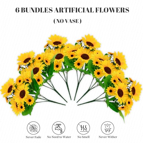 6 Pack Artificial Sunflowers Bouquet, Outdoor Artificial Flower with Stems, 60 Silk Sunflowers Heads, Fake Artificial Flowers for Outdoor Indoor Decoration, Wedding Table Home Porch Cemetery Decor