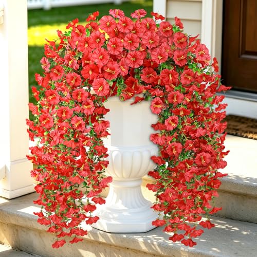 Artificial Flowers for Outdoors, 6-Pack 420 Blooms UV Resistant Hanging Morning Glory Silk Flowers Vines, Realistic Fake Plants Outside Decroation for Porch Patio Balcony Yard Garden (Red) - color: Red